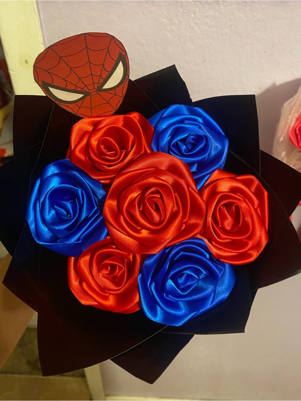 Spider-Themed Satin Rose Bouquet - Red & Blue Party Decoration